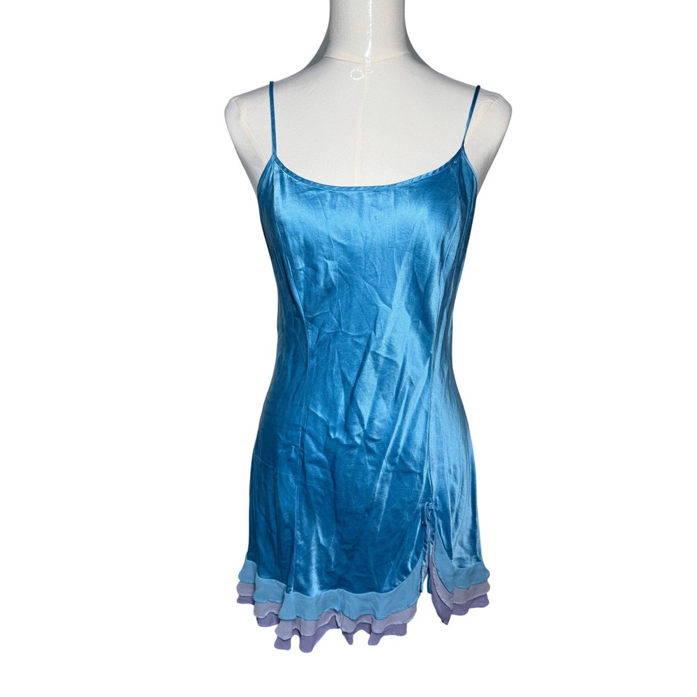 Y2K Victoria's Secret Silk Chiffon Ruffle Blue Bow Mermaid Vintage Slip Dress M - Picture 3 of 10